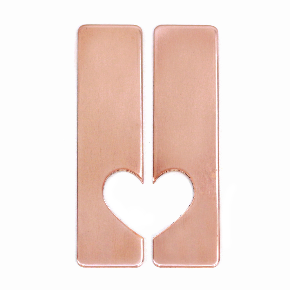 Metal Stamping Blanks Copper Set of Rectangles with Half Heart Cutout, 50mm (1.97") x 12.7mm (.5"), 20g, Pack of 5 Sets - Tumbled